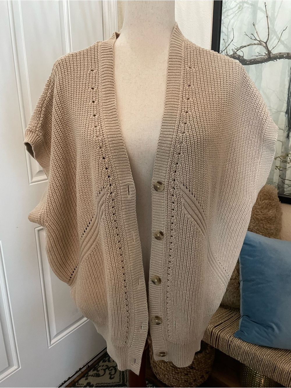 ABLE 100% Cotton Chunky Knit Cardigan Vest Oversized Oatmeal Beige Button 1X